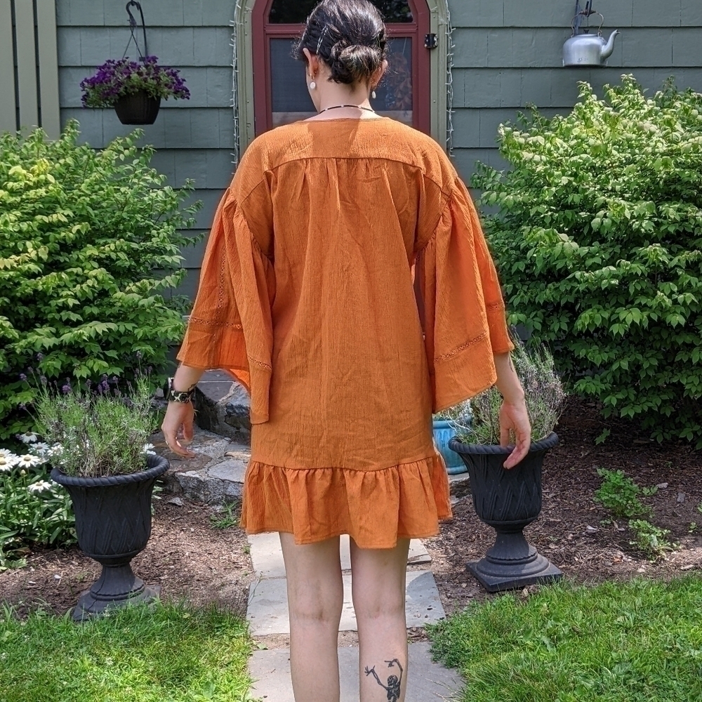 Storia Boho Dress Rust Orange Tassells Oversized Bell Sleeves Small Beautiful!!! - Picture 10 of 10